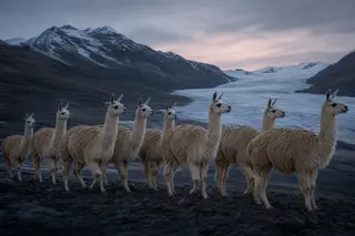 Pack animals moving along a dark moraine at dusk with the sky and ground streaked by slow shutter blur.