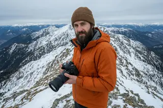 Idris Falk in an orange shell jacket holding a camera on a mountain ridge.