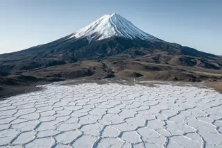 A volcano rising above cracked white salt flats with a perfect geometric pattern.